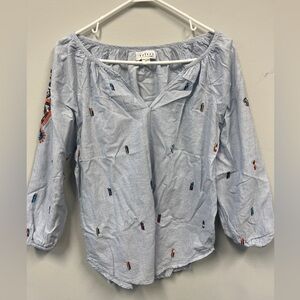 Velvet Graham Spencer Beaded Shailene Embroidered Micro Stripe Blue Top Blouse S